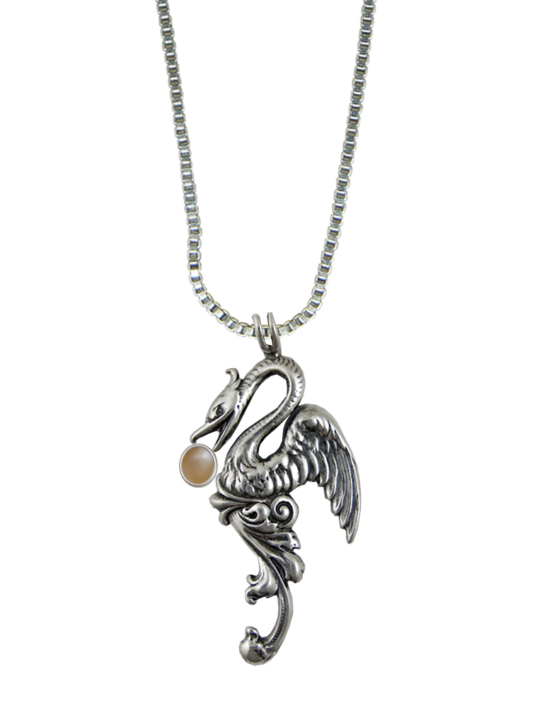 Sterling Silver Medieval Phoenix Sun Bird Pendant With Peach Moonstone